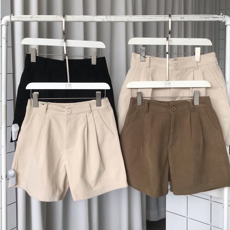 Quần short nhung tăm lưng cao vintage lưng thun sau - Q774