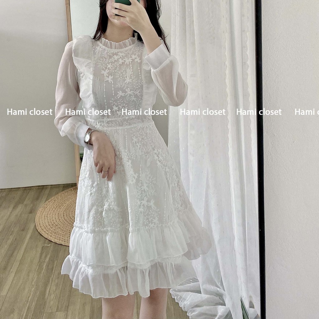Váy thiết kế thêu hoa ren chất voan tơ dáng đầm ôm xếp ly hai tầng hàng chuẩn có size Mã V004
