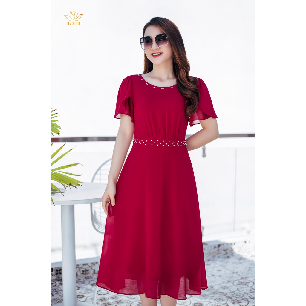 Đầm đính ngọc cao cấp form xoè cổ tròn đính ngọc đỏ đô TTV1061