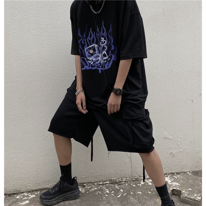 Áo thun 173314 tay lỡ dáng rộng họa tiết ngọn lửa xanh dương cá tính phong cách đường phố dễ phối đồ
