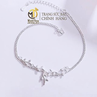Lắc chân nữ bạc đẹp, vòng đeo chân đôi lá nguyệt quế trang sức bạc 925- Minh Thoa Jewelry