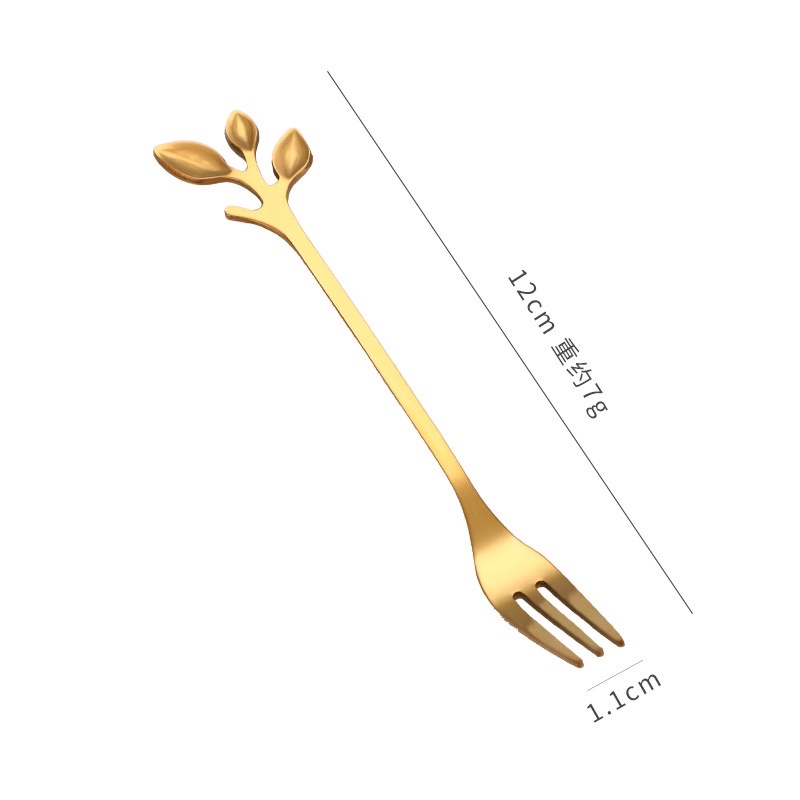 Thìa dĩa hình lá trái cây băngf thép mạ mầu vàng bạc , Muỗng Nĩa ăn trái cây Ô mai Huydecor