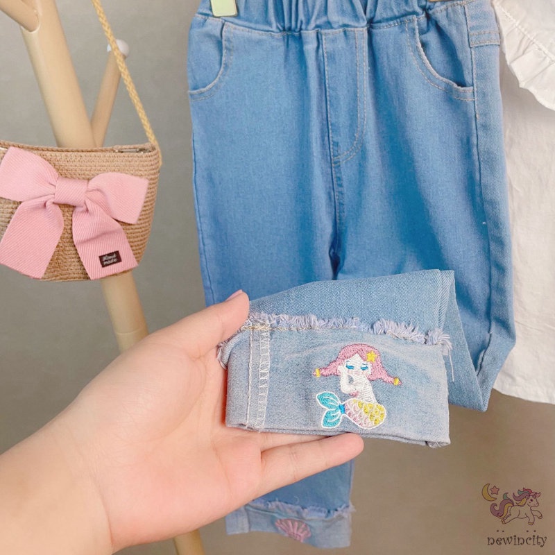Bộ Áo Sơ Mi Cổ Thêu Họa Tiết Hoạt Hình Nàng Tiên Cá + Quần Jeans Cho Bé Gái