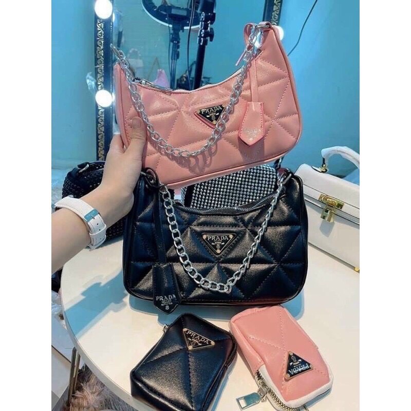 Túi xách nữ set 2 chi tiết trần trám tag tam giác prada kèm dây đeo chéo. ảnh thật