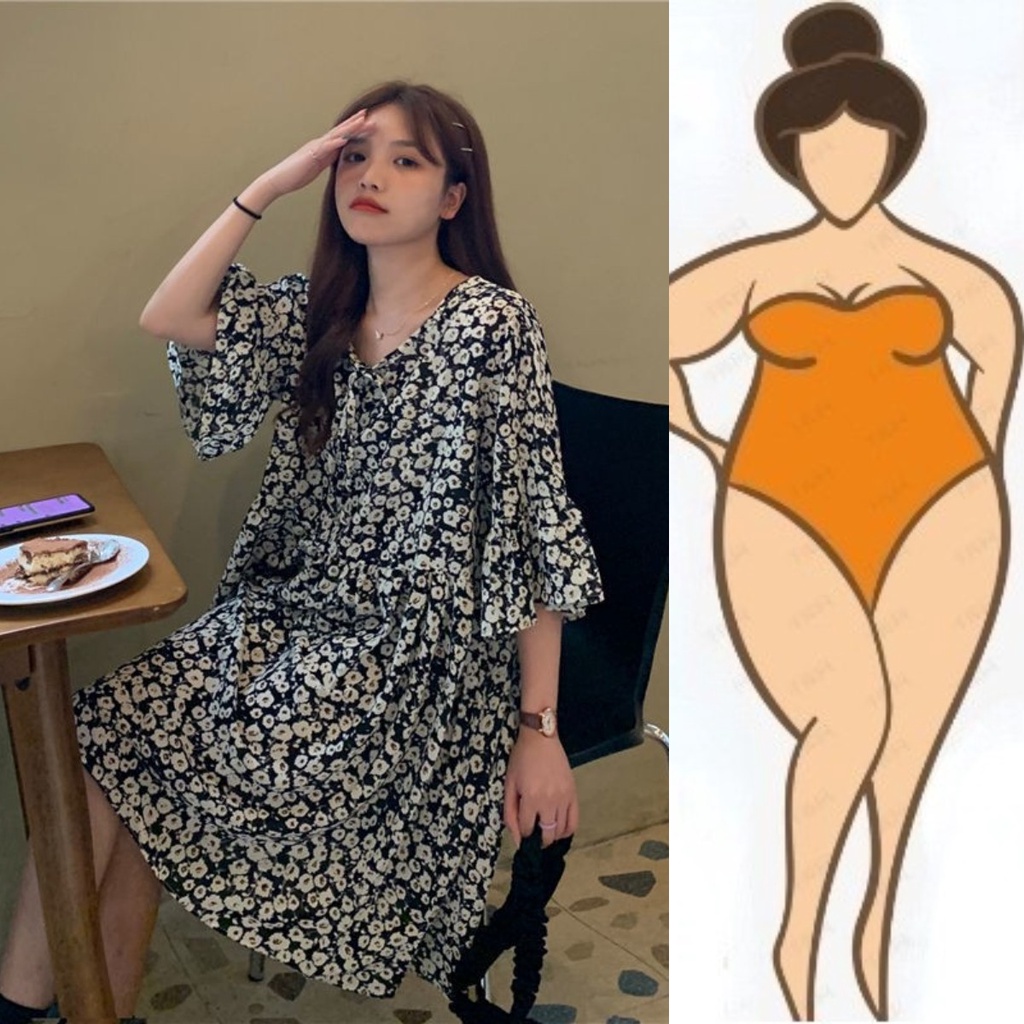 【Plus Size】(40-150kg) Đầm chiffon Tay Lửng Dáng Rộng Che Bụng Họa Tiết Hoa Cho Nữ