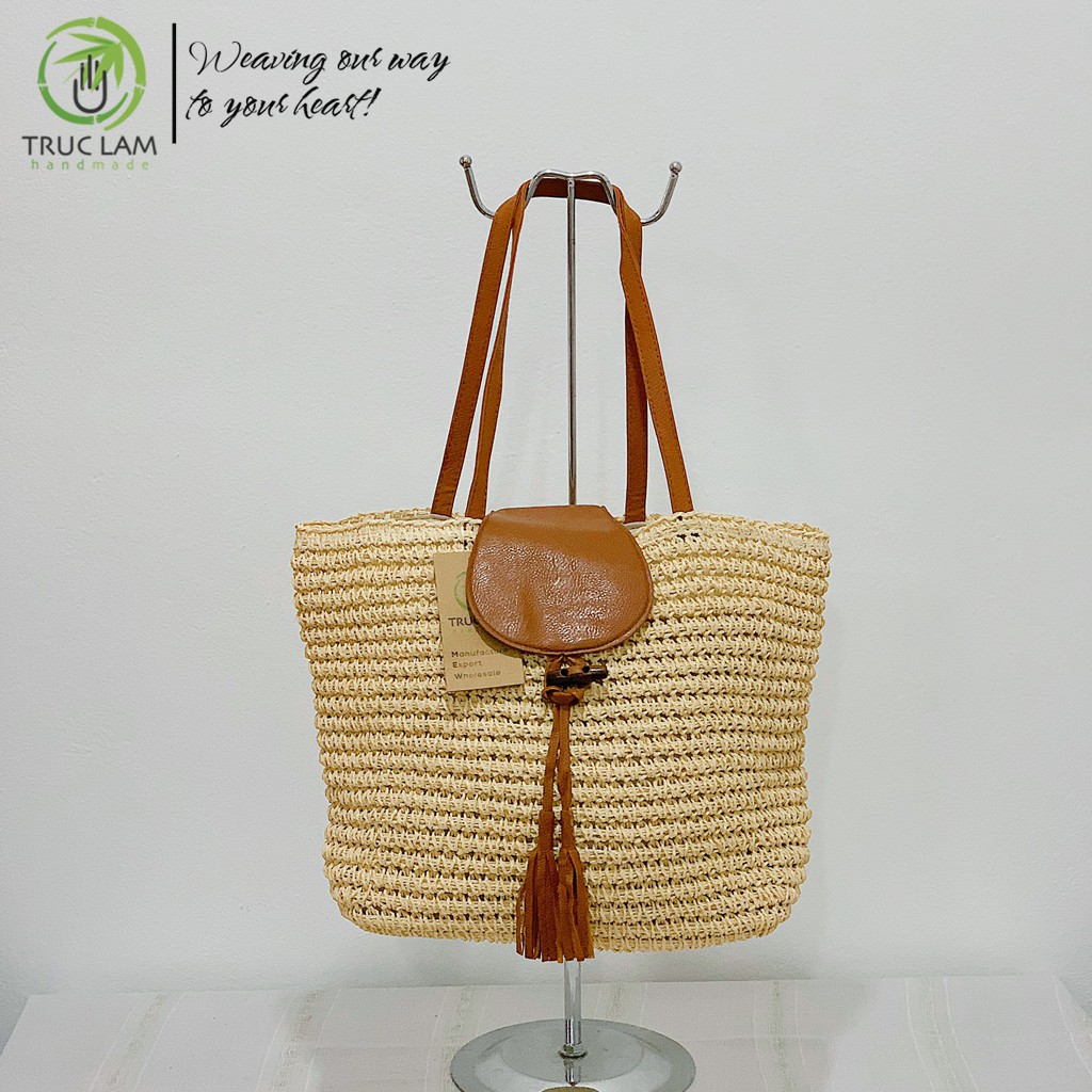 Túi Cói Tote Thời Trang Nữ Quai Và Nắp Da Trang Trí Quả Tua Rua – Trúc Lâm Handmade