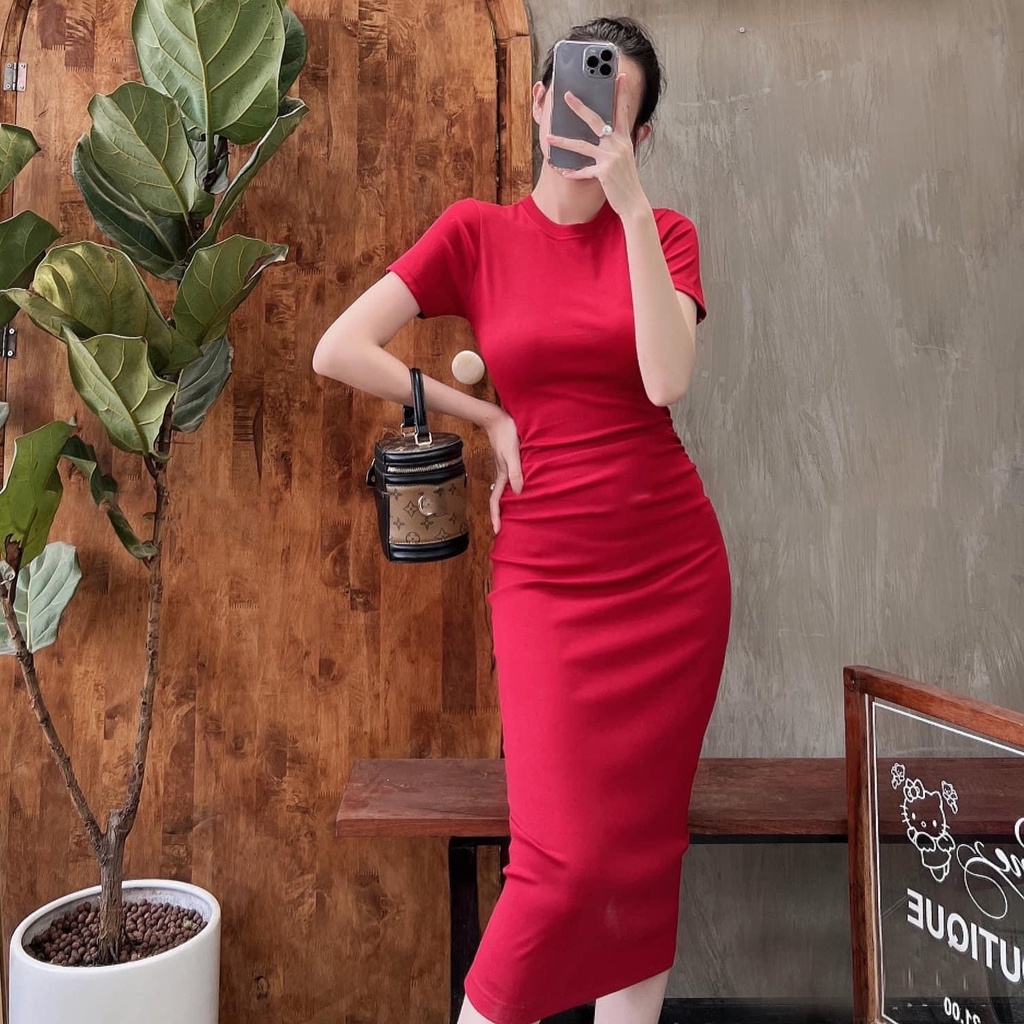 Đầm body thun 4 chiều tay ngắn nhún thân màu trơn Callene (L1481)