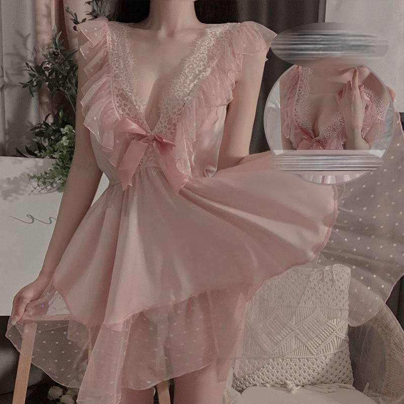 Đồ ngủ Hai Dây Phối Lưới Chấm Bi Hở Lưng Gợi Cảm Dễ Thương Cho Nữ