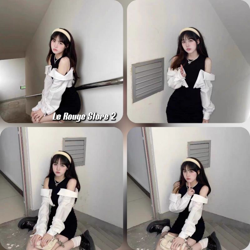 (ORDER) Đầm nữ body thiết kế kiểu hở vai phối liền áo sơ mi trắng phong cách sexy siêu tôn dáng siêu hot bên Trung