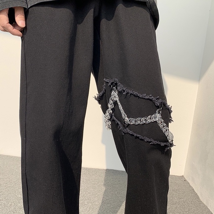 Quần jean ống suông Dáng Rộng Phối Dây Xích Phong Cách Hàn Quốc Cá Tính Cho Nam