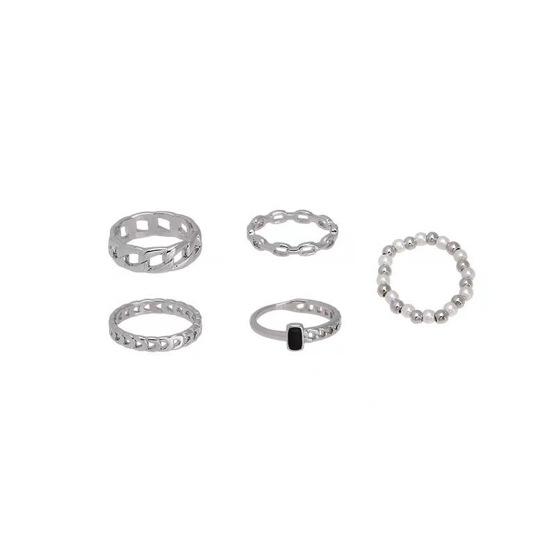 iF YOU Set 5 Nhẫn Bạc Dạng Mắc Xích Màu Đen Phong Cách Hàn Quốc Cho Nữ