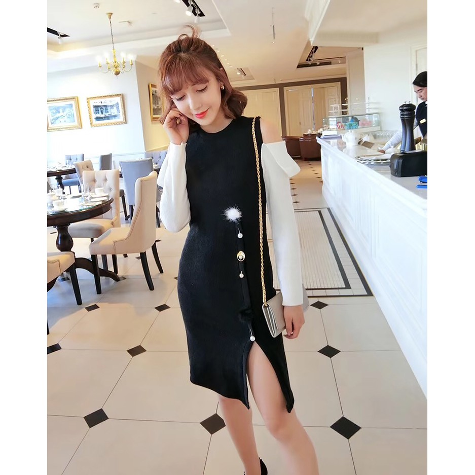 Đầm body len hở vai