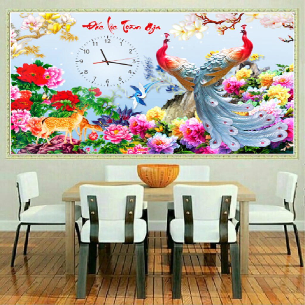 ⚡SIÊU SALE⚡ Tranh Đính Đá Đồng Hồ Chim Công 100*66 Tranh Đính Đá Đắc Lộc Toàn Gia LV413