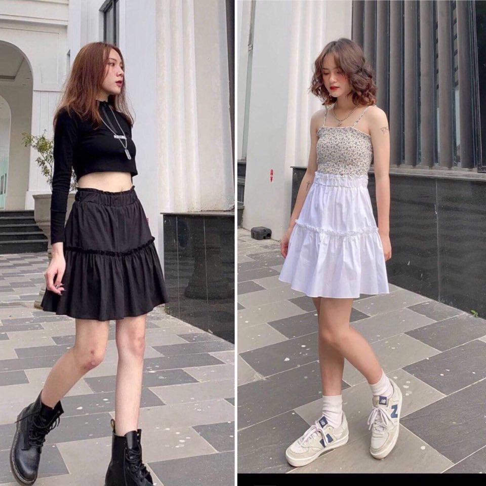 [WK015T] Chân váy hai tầng ngắn sẵn 2 màu đen trắng cạp chun co giãn chất thô đũi cực xinh