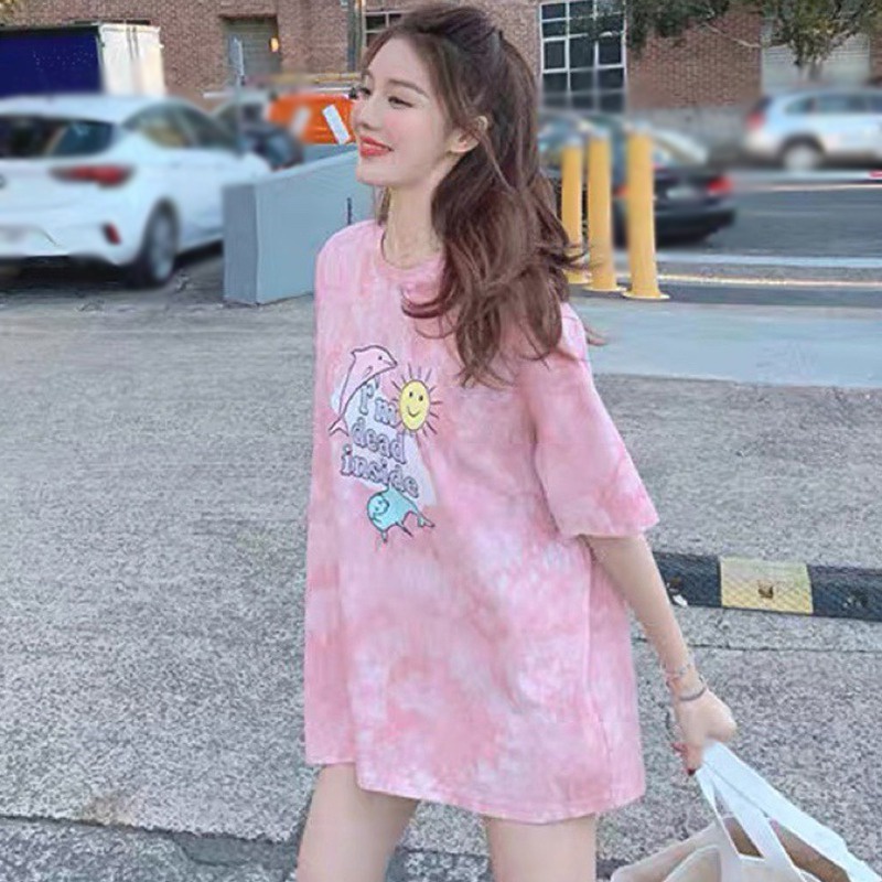 Áo Thun Ngắn Tay Dáng Rộng In Họa Tiết Màu Nhuộm Xinh Xắn Cho Nữ