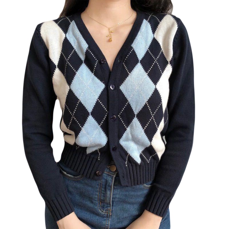 Áo Khoác Cardigan Dệt Kim Tay Dài Kẻ Sọc Ca Rô Cài Nút Kiểu Vintage Dễ Thương Cho Nữ