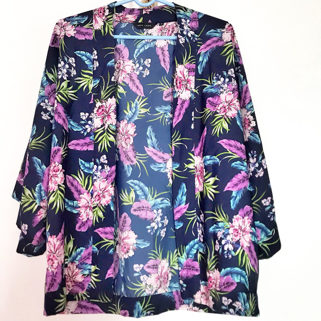 BLAZER NỮ – NEW LOOK – SIZE 10/38 (165/88A) – TÍM – HOẠ TIẾT HOA – JAPANESE KIMONO STYLE – POLYESTER THOÁNG MÁT – MA