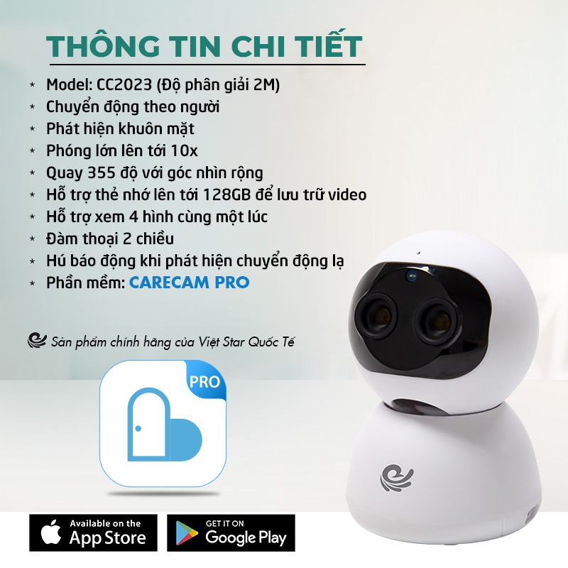 Camera WiFi IP VIET STAR CC2023- Độ phân giải 2.0 MP full HD 1080P- Quay 355° chuyển động theo người- Zoom xa 10x | WebRaoVat - webraovat.net.vn