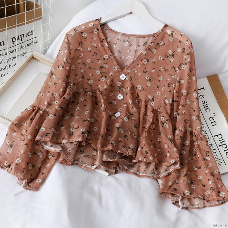 Áo Kiểu Cổ V Chất Chiffon Họa Tiết Hoa Ngọt Ngào Dễ Thương