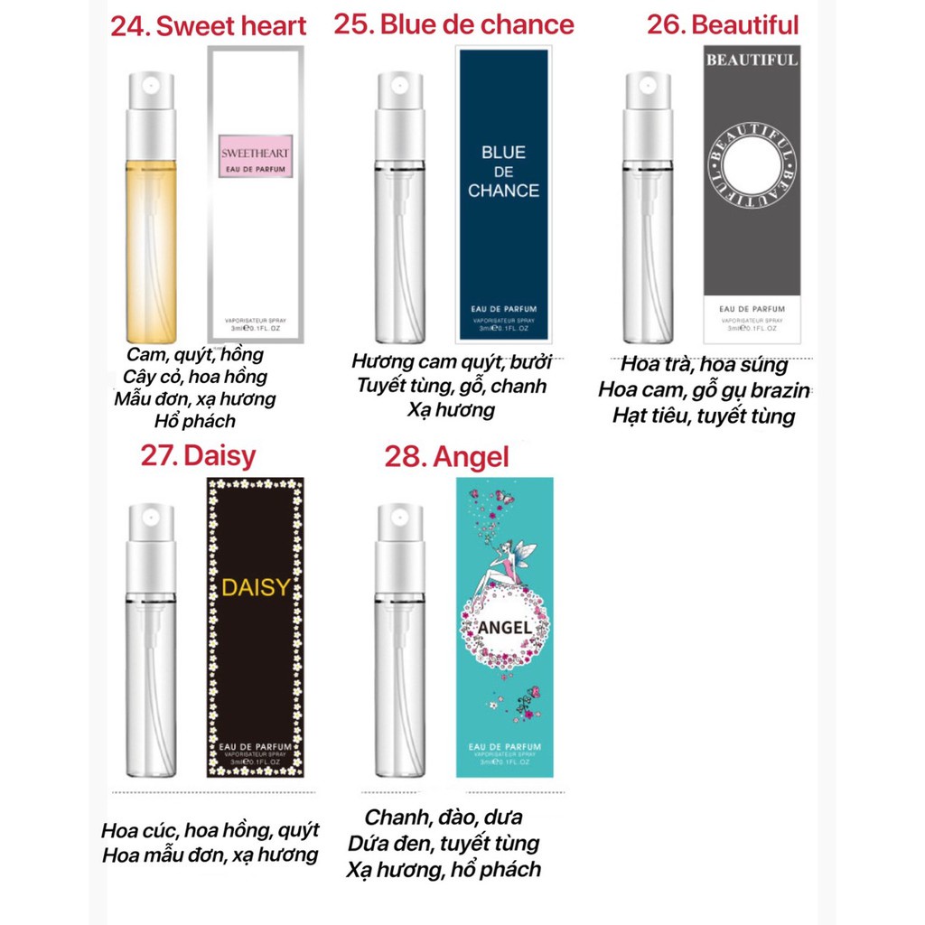[NH02] [3ml] Nước Hoa Nữ Mini, Nước Hoa Mini Dạng Xịt Nhiều Mùi Hương Thơm Đa Dạng Lựa Chọn | Thế Giới Skin Care