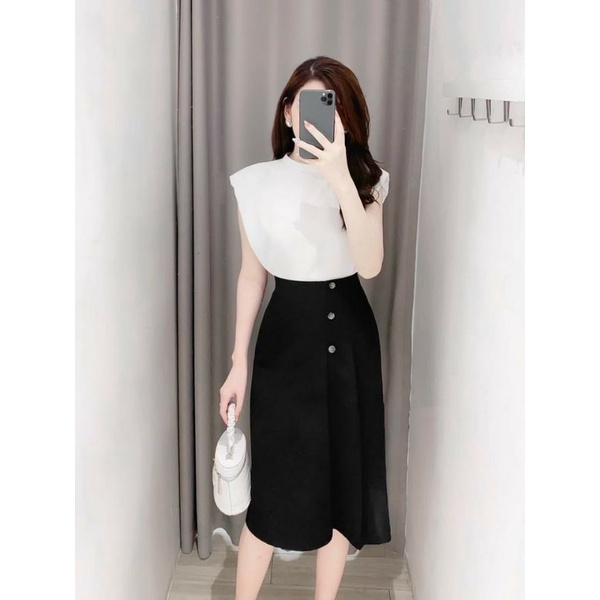 [Docas V50] Chân váy cúc lệch chữ A dáng midi qua gối | BigBuy360 - bigbuy360.vn