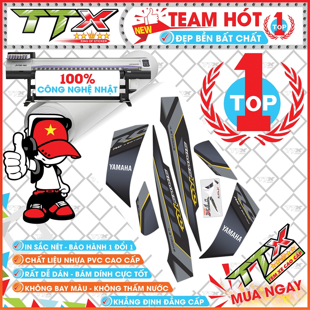 Tem chế sirius rc 110 , Team rời sirius dán xe màu đen xám bạc chỉ vàng siêu đẹp , Shop TTX Tem sirius mã