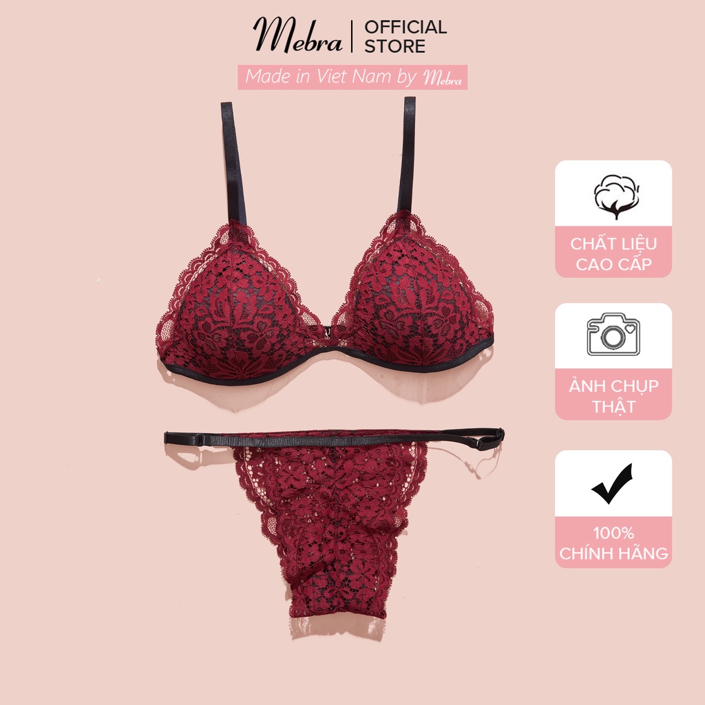Set đồ lót ren đỏ đô bralette không gọng mút mỏng QUẦN DÂY có tăng đơ 4 chiều hoạ tiết sang trọng thương hiệu Mebra A094