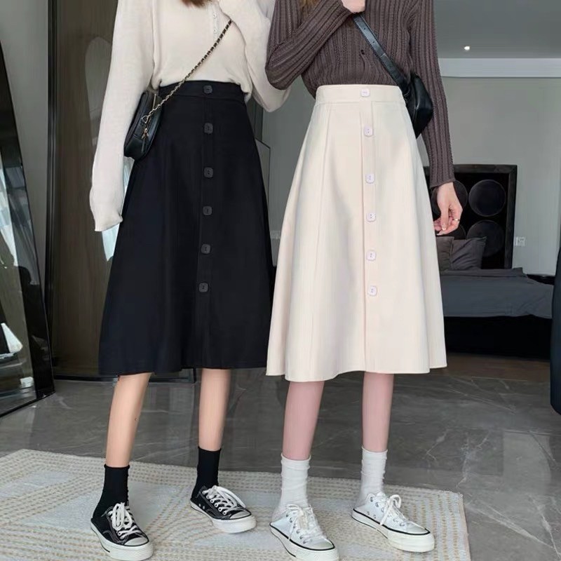 Chân váy dài midi đính cúc dáng xoè, chân váy công sở dài qua gối