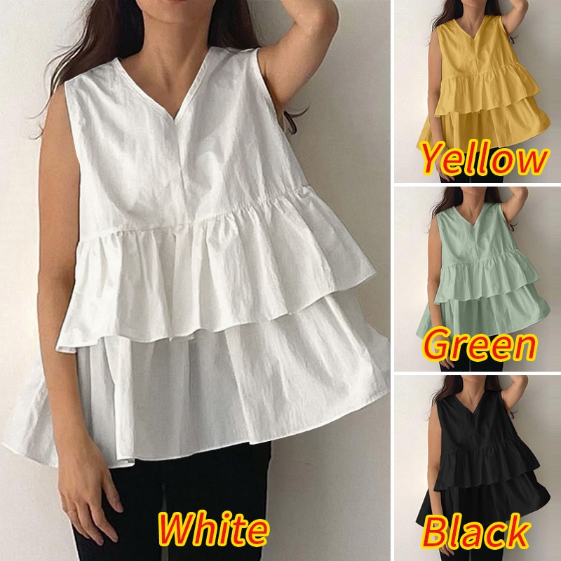 Áo kiểu ZANZEA không tay dáng rộng cổ chữ V màu trơn phong cách nhiều lớp thời trang dành cho nữ