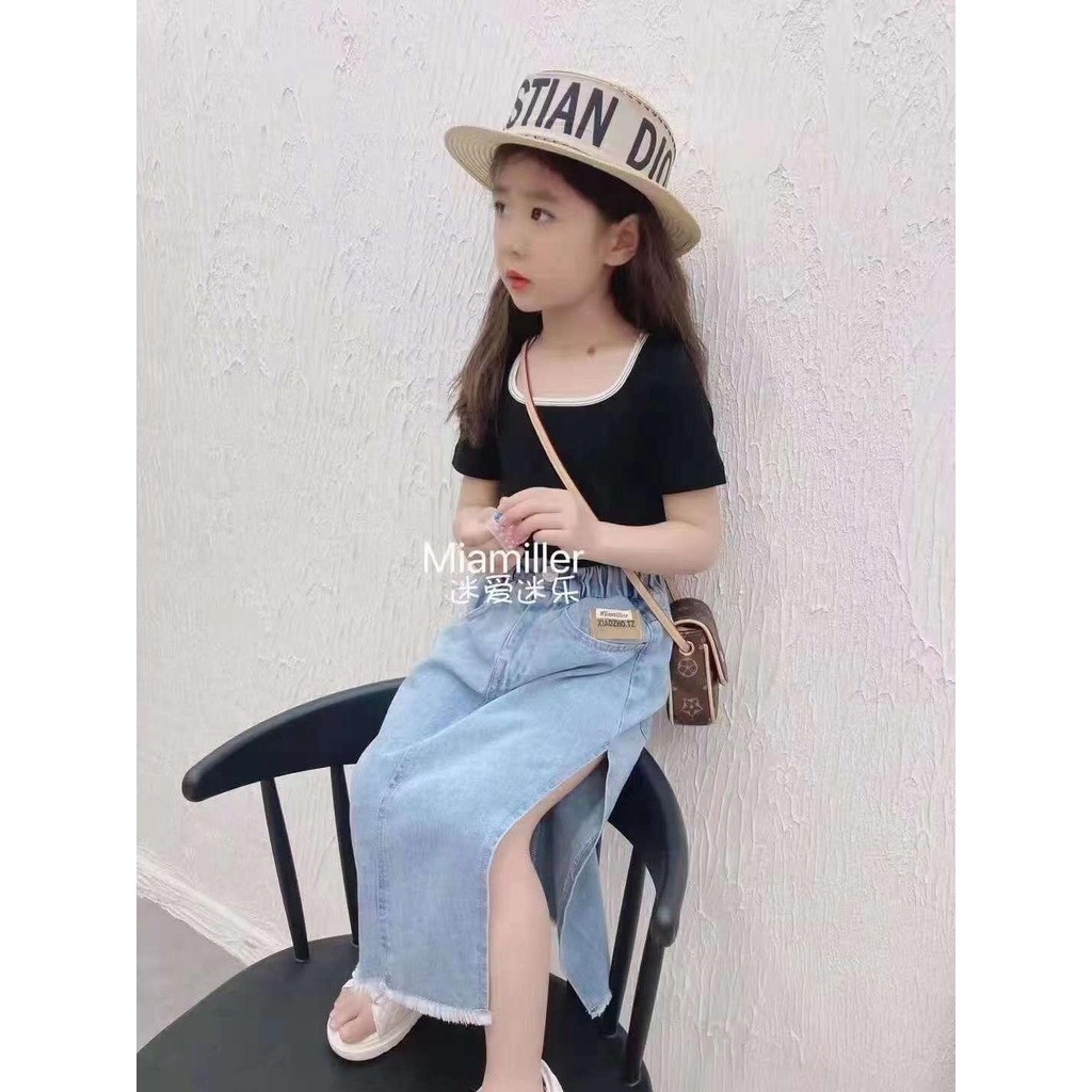 Đầm Denim Ngắn Tay Eo Cao Thời Trang Mùa Hè Cho Bé Gái