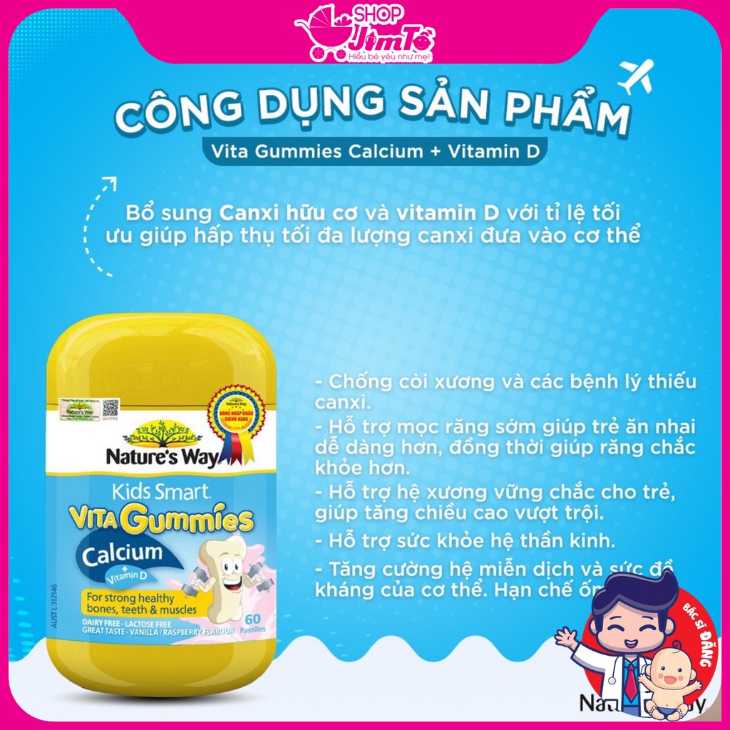🎀𝗖𝗵𝗶́𝗻𝗵 𝗵𝗮̃𝗻𝗴🎀Kẹo Dẻo Nature’s Way Kids Smart Vita Gummies Calcium + Vitamin D Giúp Phát Triển Chiều Cao Tối Ưu