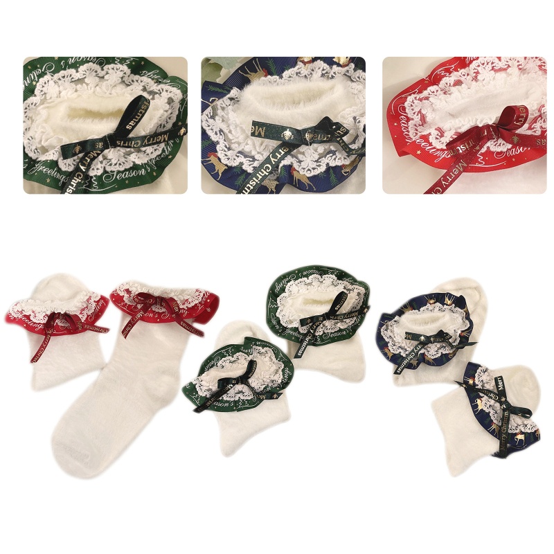 Xiangbao Vớ Ngắn Tới Mắt Cá Chân Phối Ren Ruy Băng Lông Xù Ấm Áp In Chữ Giáng Sinh Cho Nữ