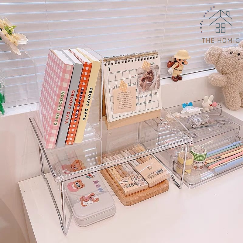 Kệ mica trong suốt chân kim loại để bàn, gấp gọn đựng dụng cụ decor bàn học, nhà bếp, xếp tầng có sức chứa lớn tiện dụng