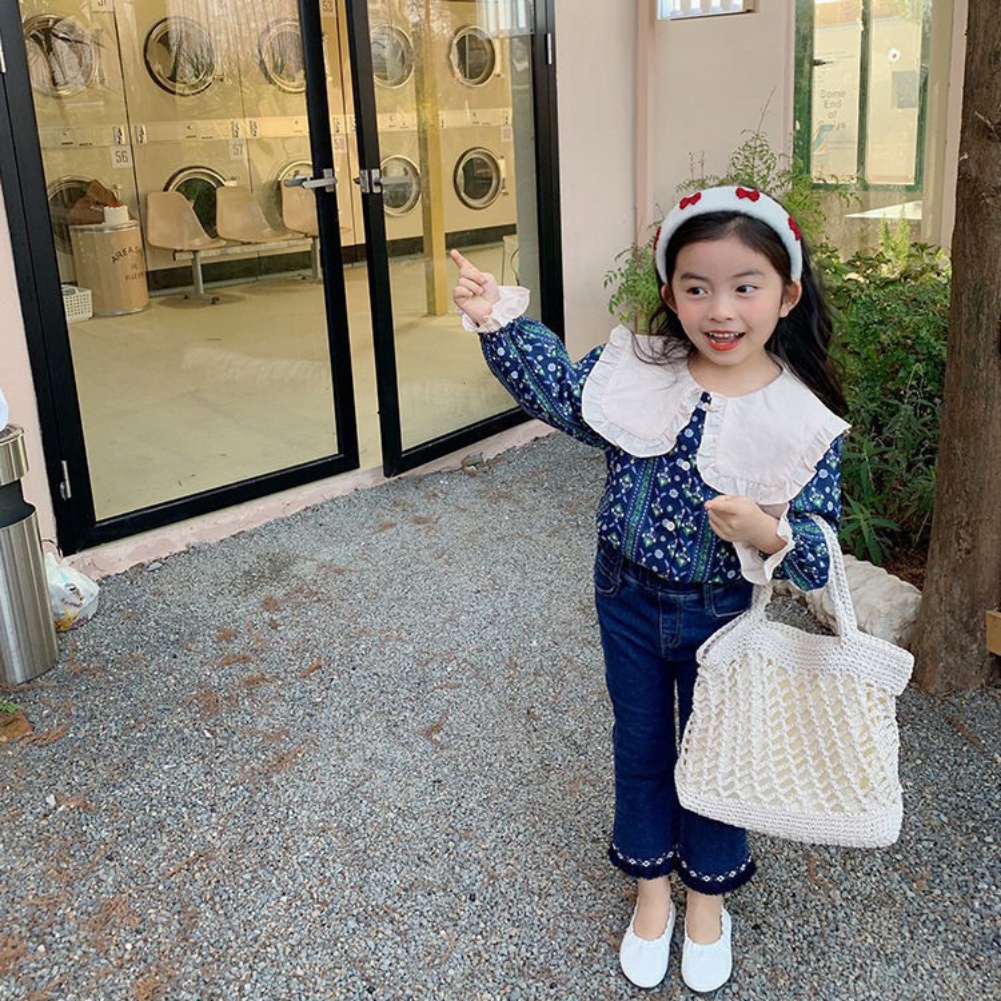 Set Áo Sơ Mi Hoa + Quần Jeans Ống Loe Phong Cách Hàn Quốc Cho Bé Gái