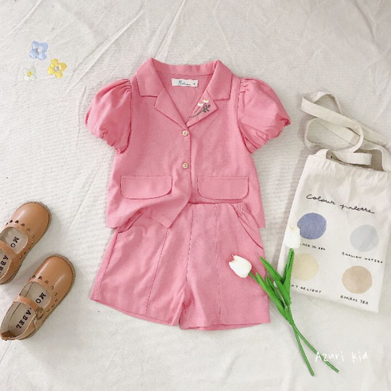 Bộ vest bé gái thêu hoa cúc vải linen mềm bé 1-10 tuổi