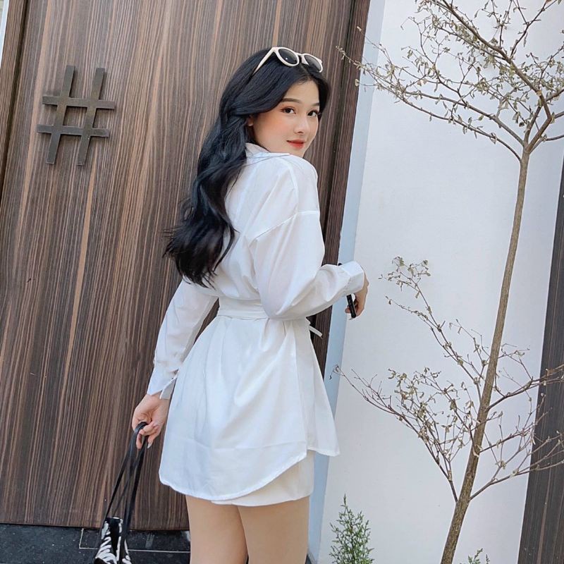 áo sơ mi nữ dài tay form rộng dáng dài kèm đai cá tính