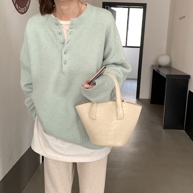 Áo Sweater cổ tròn dáng rộng phối nút phong cách Hàn Quốc đơn giản thời trang cho nữ