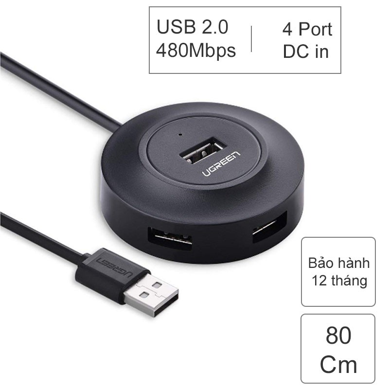 HUB chia USB 2.0 4 cổng có hỗ trợ nguồn ngoài DC in 5V - Cáp dài 1 mét UGREEN 20277 (màu đen)