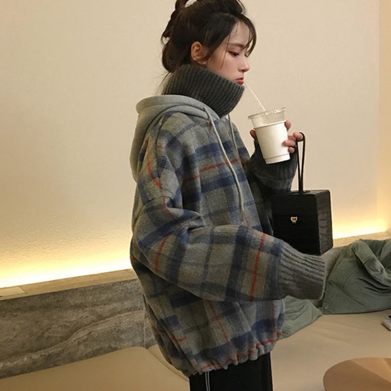 Áo hoodie dài RENJIANVSHENG tay giả hai lớp họa tiết ca rô thời trang dành cho nữ