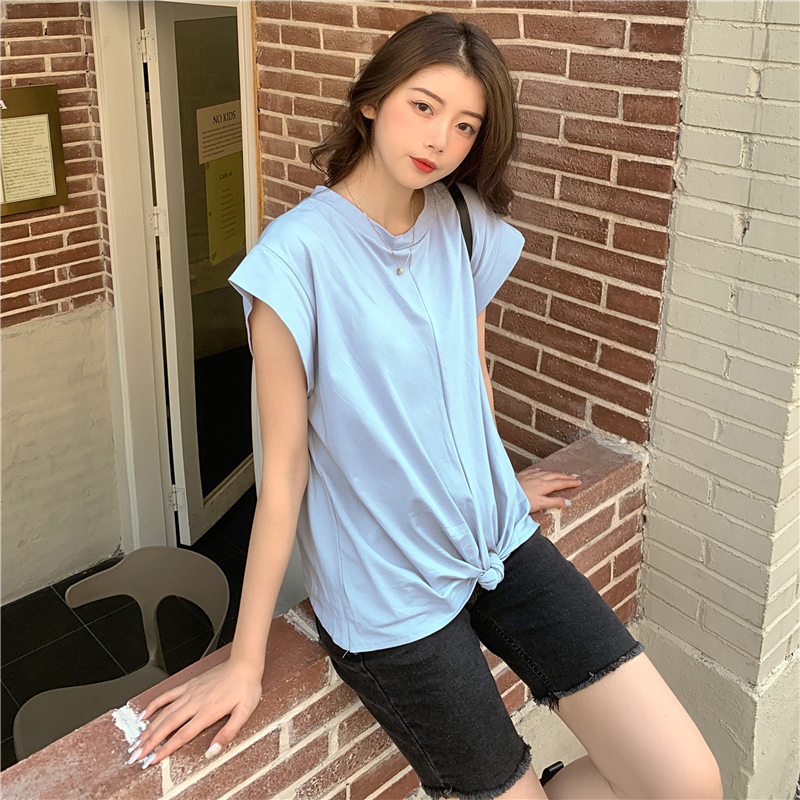 Korean Style Niche Design Sense Cross-knot Short-sleeved T-shirt Women White Blue Khaki M-XL