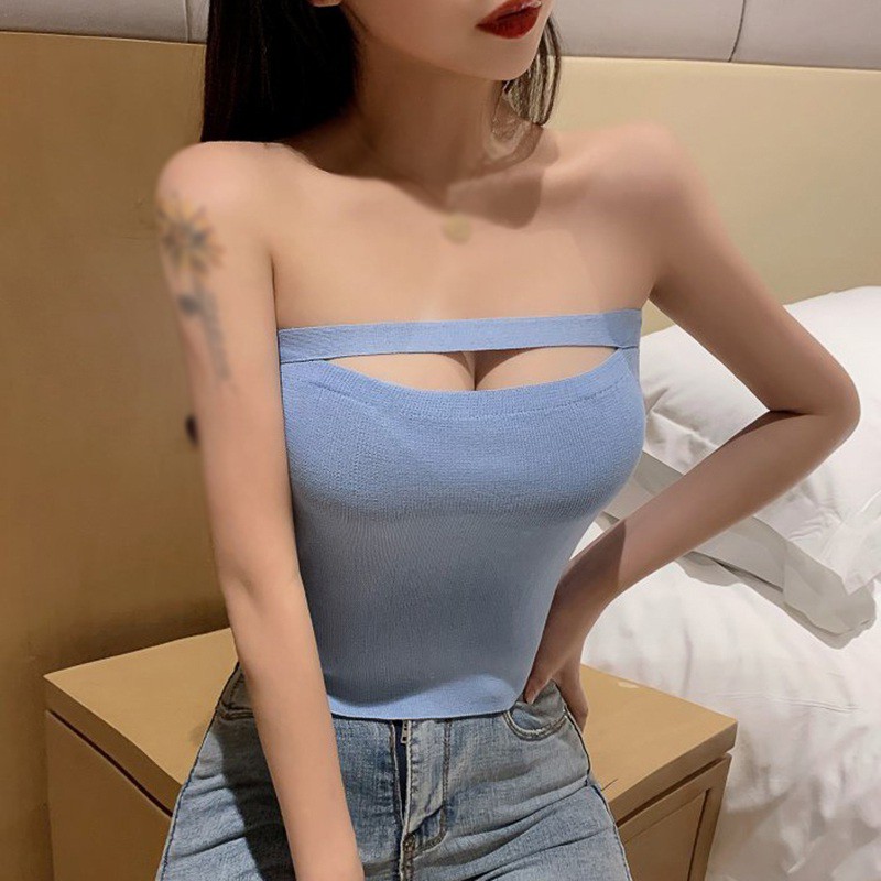 Áo Croptop Dệt Kim Màu Trơn Phối Diềm Xếp Nếp Gợi Cảm Dành Cho Nữ
