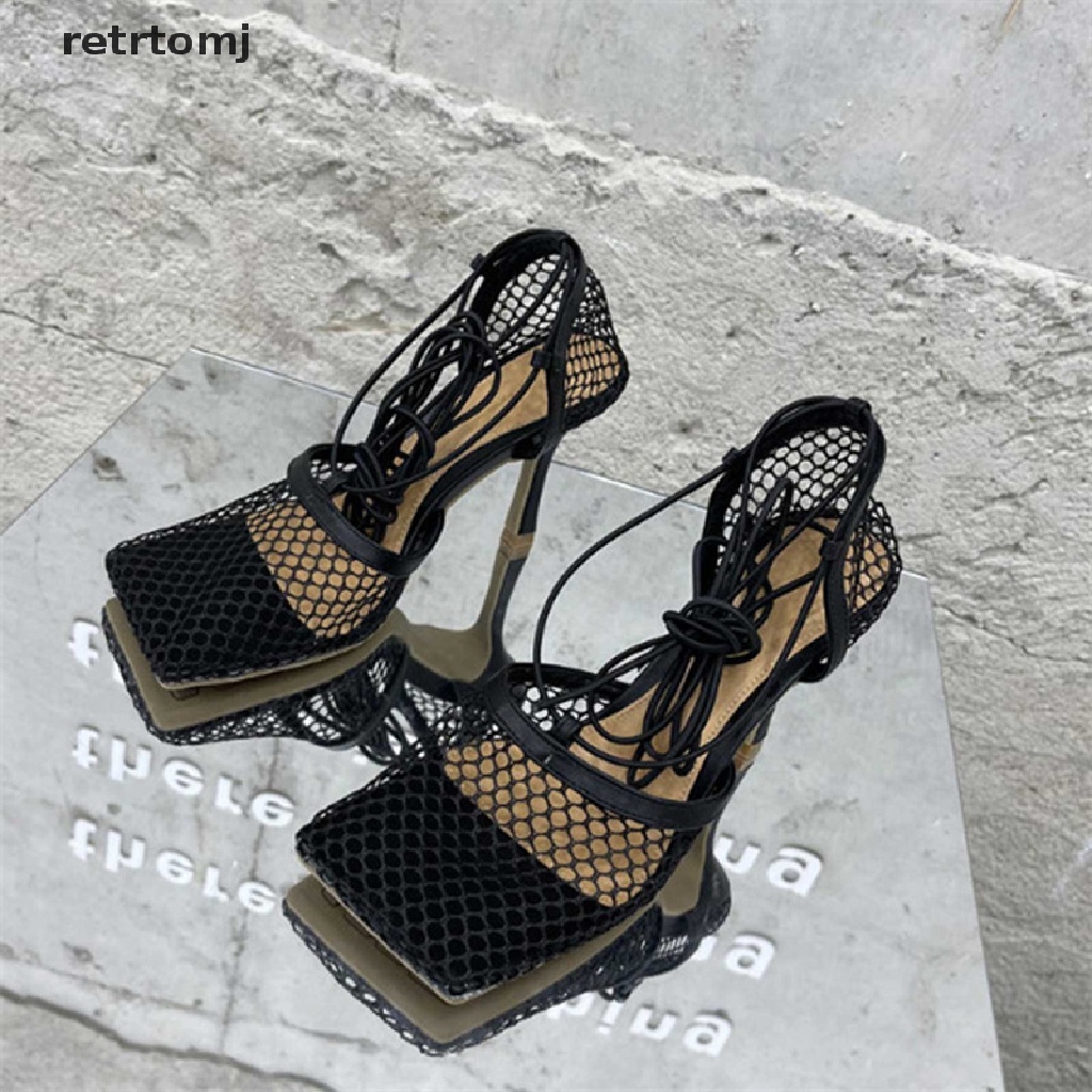 【to】 2021 New Sexy Yellow Mesh Pumps Sandals Female Square Toe high heel Lace Up Cross-tied Stiletto hollow Dress shoes .