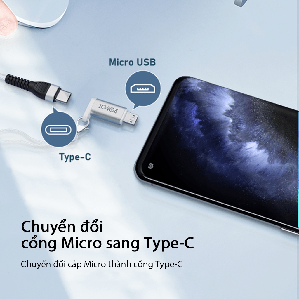 Đầu Chuyển Đổi OTG Cổng MicroUSB Sang Type-C ROBOT RT-OTG01 - Chất Liệu Vỏ Kim Loại