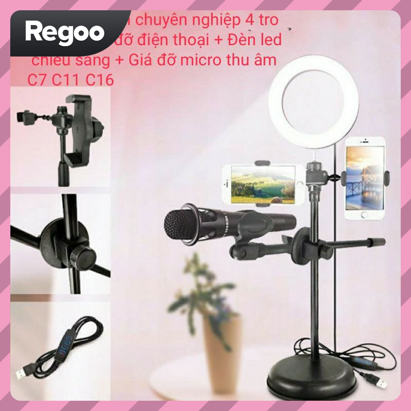 Đèn Live Stream 4in1 Để Bàn Có Chân Đỡ Micro LivesTream Hai Điện Thoại - Bộ Giá Đỡ Điện Thoại Livestream | BigBuy360 - bigbuy360.vn
