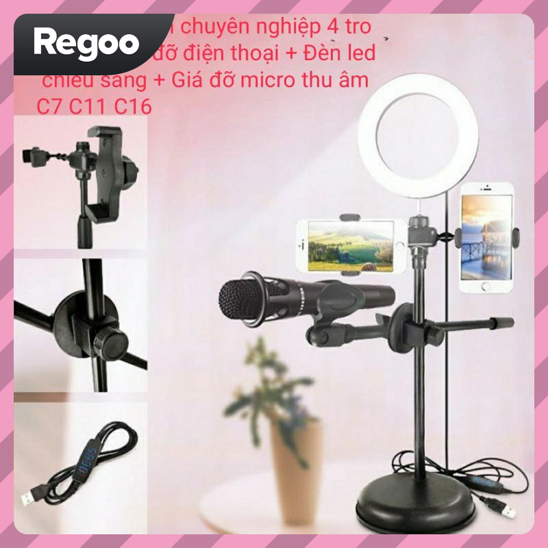 Đèn Live Stream 4in1 Để Bàn Có Chân Đỡ Micro LivesTream Hai Điện Thoại - Bộ Giá Đỡ Điện Thoại Livestream