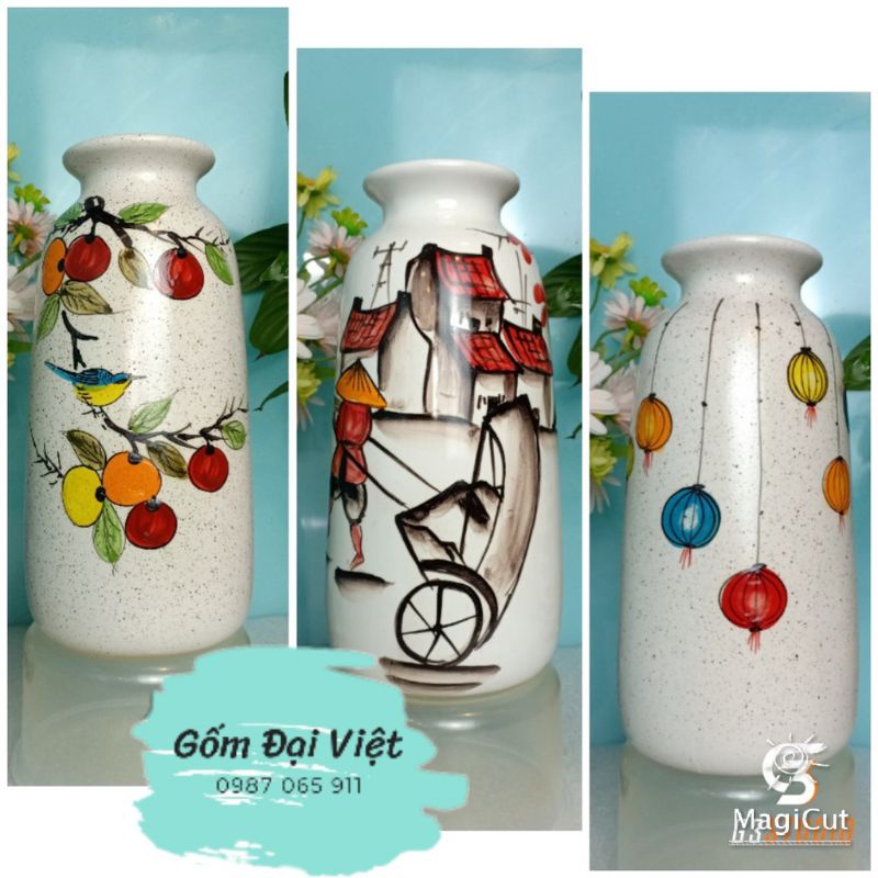 Bình cắm hoa gốm sứ Bát Tràng vẽ tay 23cm - 24 cm