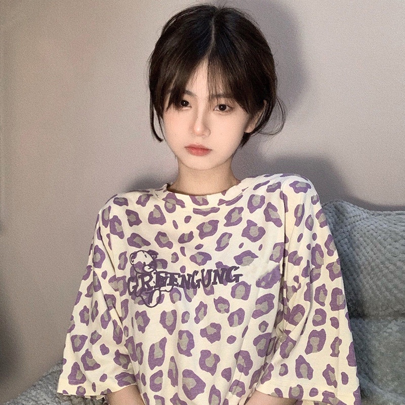 Áo Thun Tay Ngắn Dáng Rộng In Họa Tiết Da Báo Phong Cách Harajuku Hàn Quốc Thời Trang Mùa Hè Cho Nữ