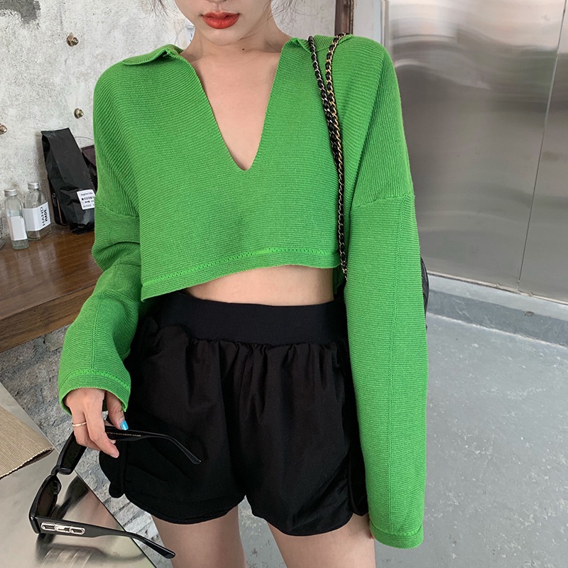 IELGY Áo polo dệt kim mỏng dáng rộng cổ chữ V phong cách retro phương tây