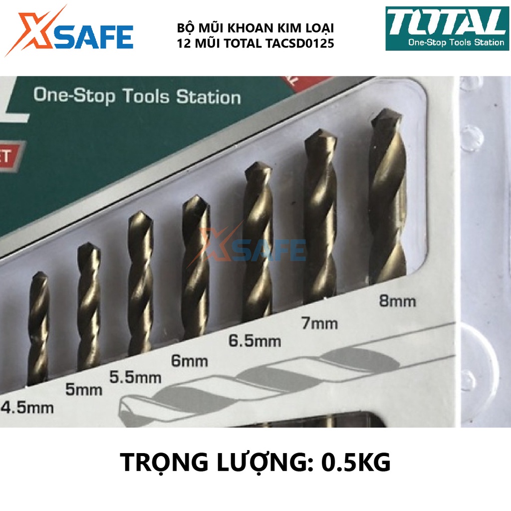 Bộ mũi khoan kim loại HSS 12 chi tiết TOTAL TACSD0125, dao phay ngón chất liệu thép HSS, khả năng chống mòn cao - xsafe