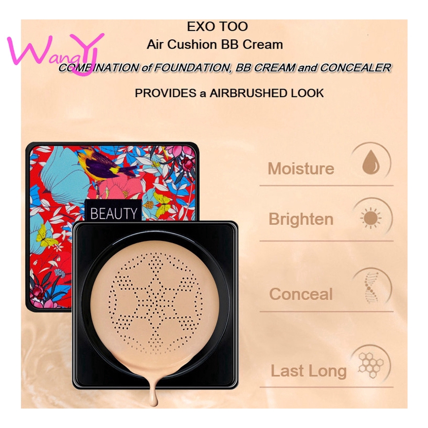 Kem nền dạng cushion tích hợp kem foundation kem BB CC và kem che khuyết điểm cùng cọ đầu nấm nhỏ dành cho trang điểm